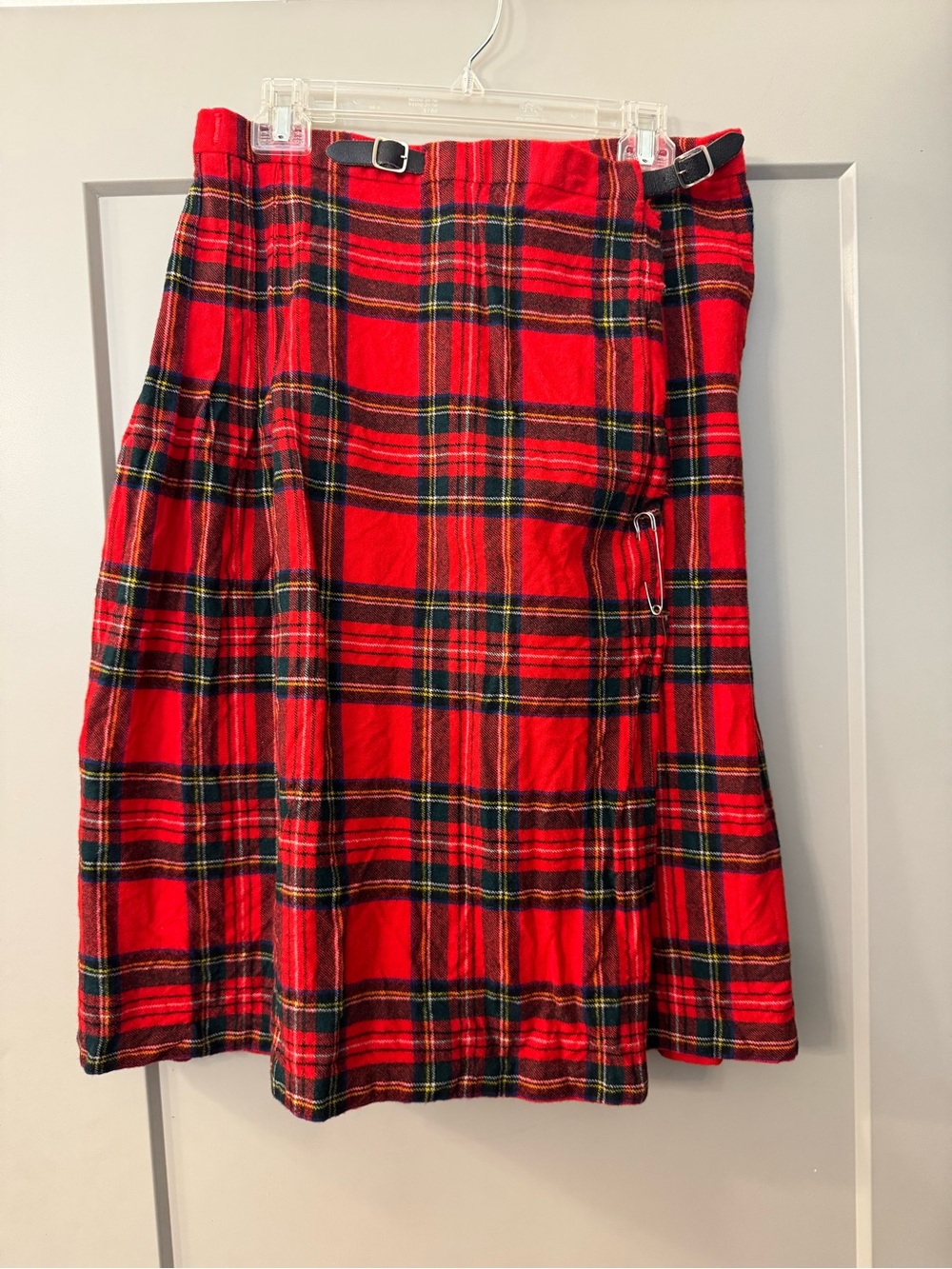 Red Tartan Midi Skirt with Buckle and Safety-Pin Detail
